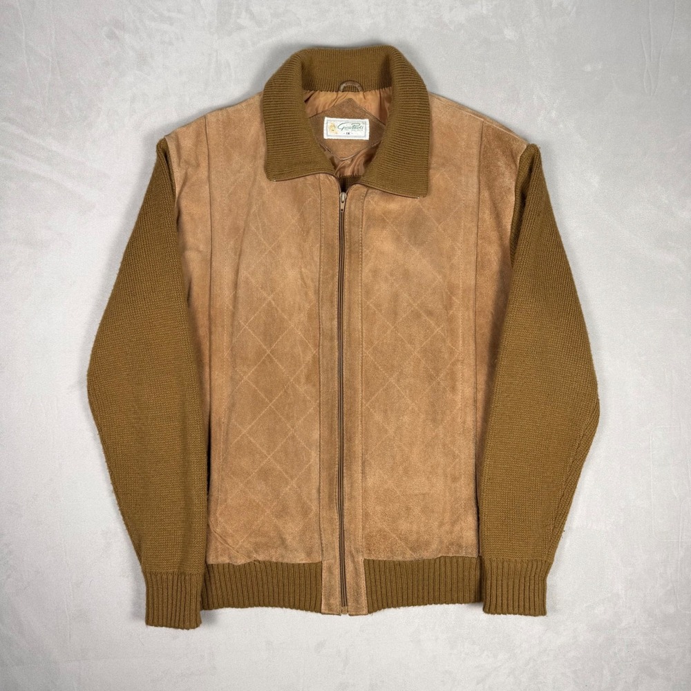 90s Mens Gino Paoli Suede Knit Mixed Media Quilted Cardigan Jacket 1X